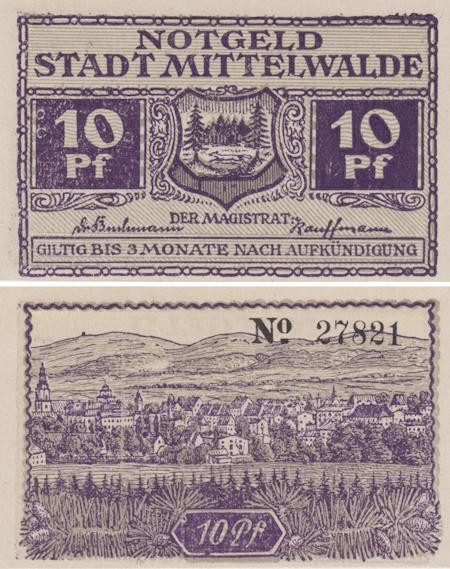  Бона. Германия. Миттенвальд 10 пфеннигов 1920 год. Нотгельд. (XF) 