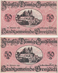 Бона. Германия. Брайзах-ам-Райн 50 пфеннигов 1921 год. Нотгельд розовый. (XF)