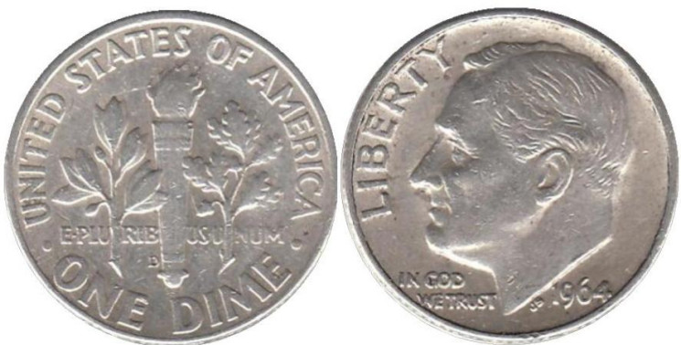  США. 1 дайм 1964 год. Рузвельт. (D) 