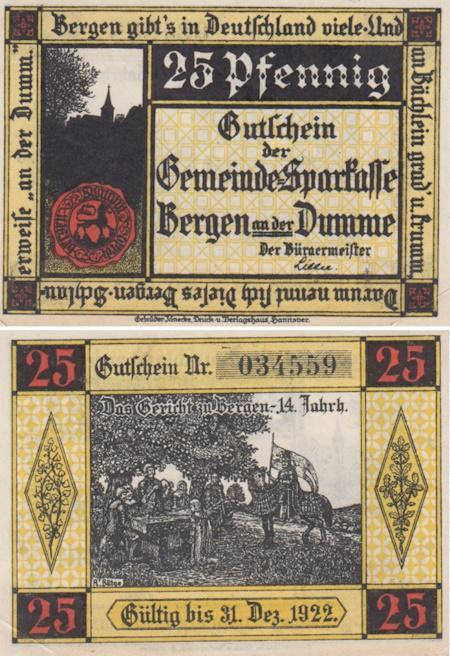  Бона. Германия. Берген-ан-дер-Думме 25 пфеннигов 1922 год. Нотгельд. (XF) 