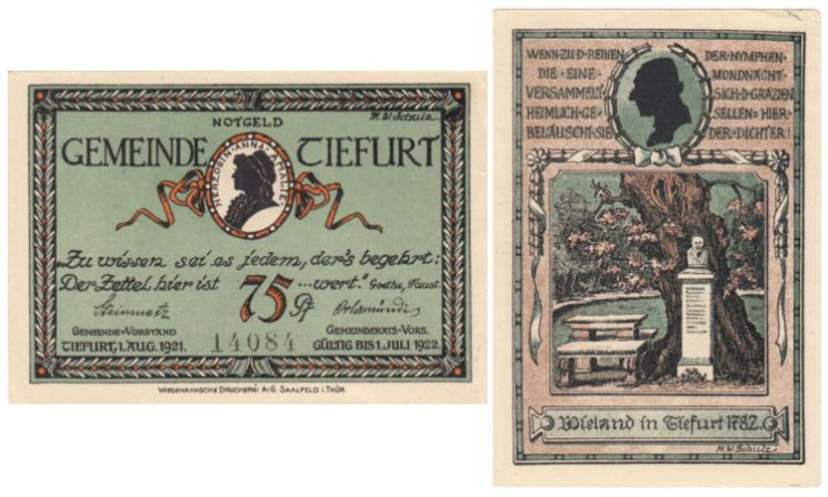  Бона. Германия. Тифурт 75 пфеннигов 1921 год. Нотгельд, зеленый фон. (F-VF) 