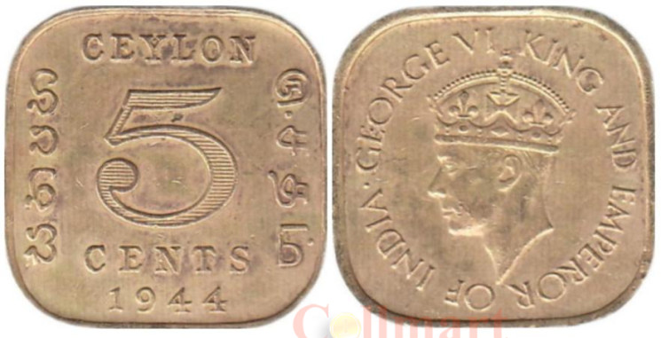  Цейлон. 5 центов 1944 год. Георг VI. 