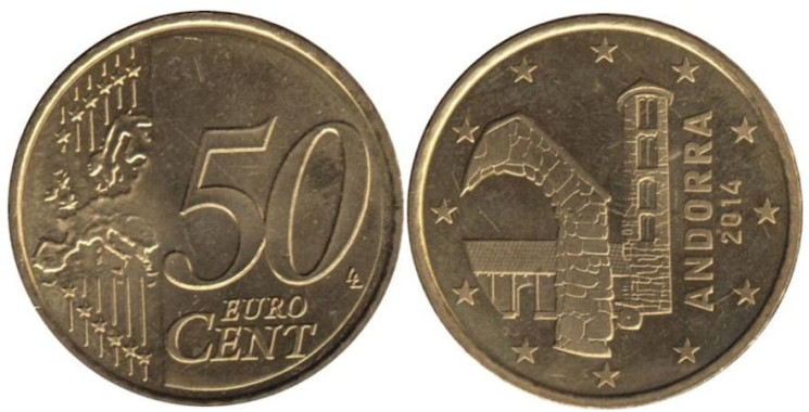  Андорра. 50 евроцентов 2014 год. Церковь Санта-Колома. 