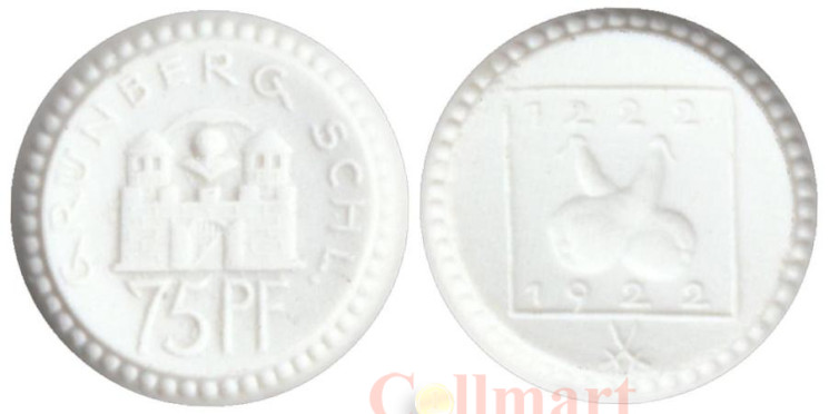  Германия. Грюнберг. 75 пфеннигов 1922 год. Нотгельд, белый фарфор. 