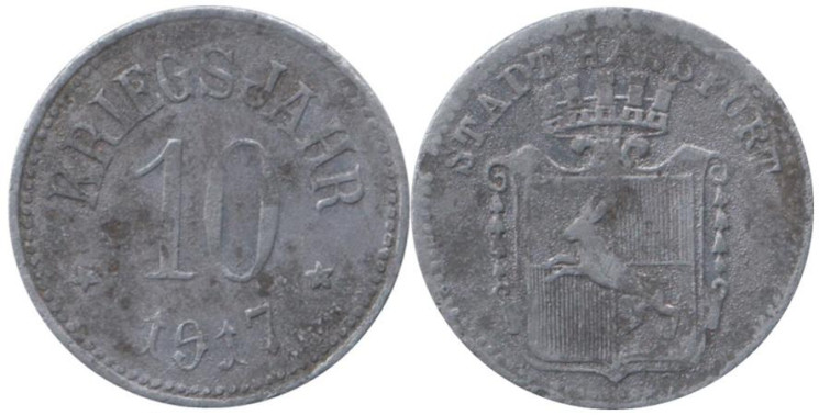  Германия. Хасфурт. 10 пфеннигов 1917 год. Нотгельд. 