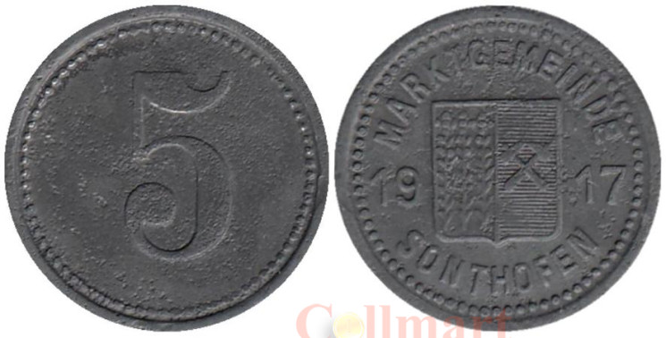  Германия. Зонтхофен. 5 пфеннигов 1917 год. Нотгельд. 