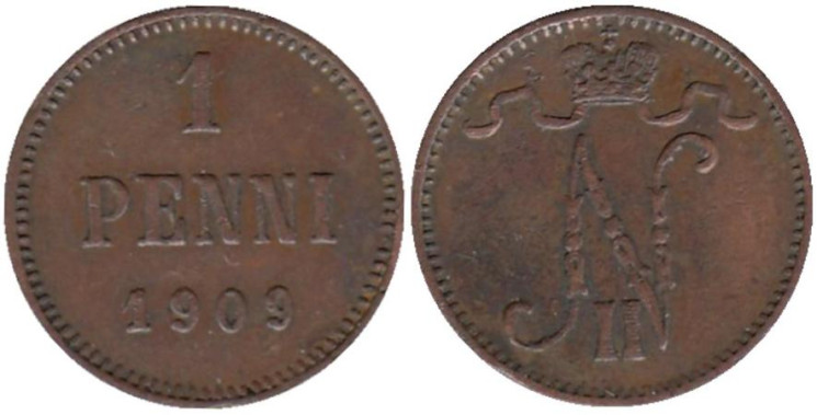  Финляндия. 1 пенни 1909 год. Николай II. 