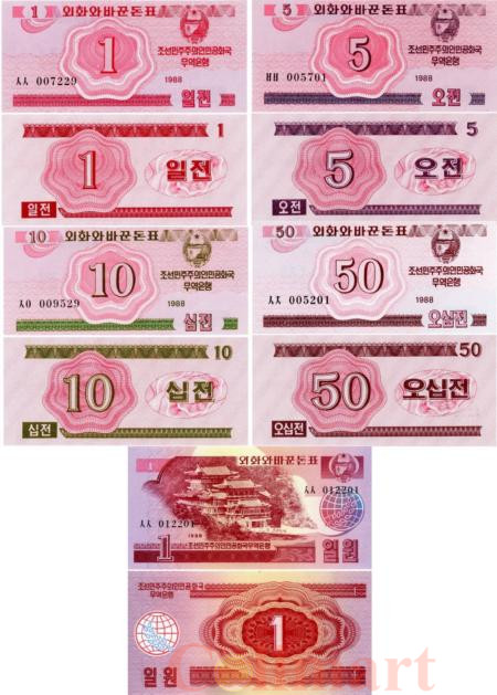  Бона. Северная Корея Набор банкнот 1988 год. Валютный сертификат для гостей из социалистических стран. (5 штук) (Пресс) 