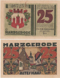Бона. Германия. Харцгероде 25 пфеннигов 1921 год. Старые дома. Нотгельд зеленый. (XF)