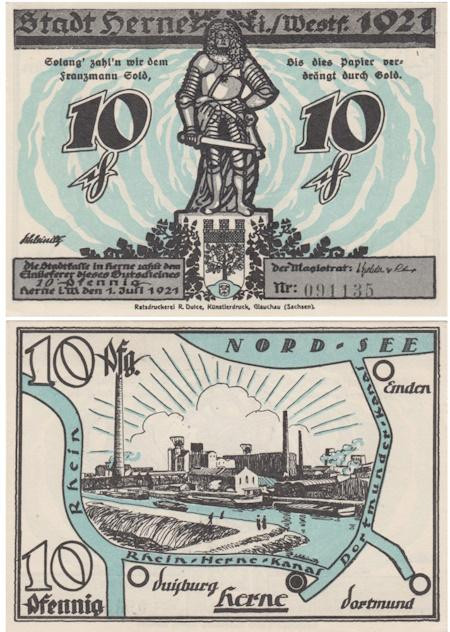  Бона. Германия. Херне 10 пфеннигов 1921 год. Нотгельд. (XF) 