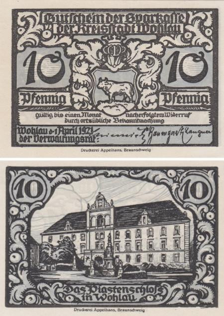  Бона. Германия (Польша). Волау (Волув) 10 пфеннигов 1921 год. Нотгельд. (XF) 