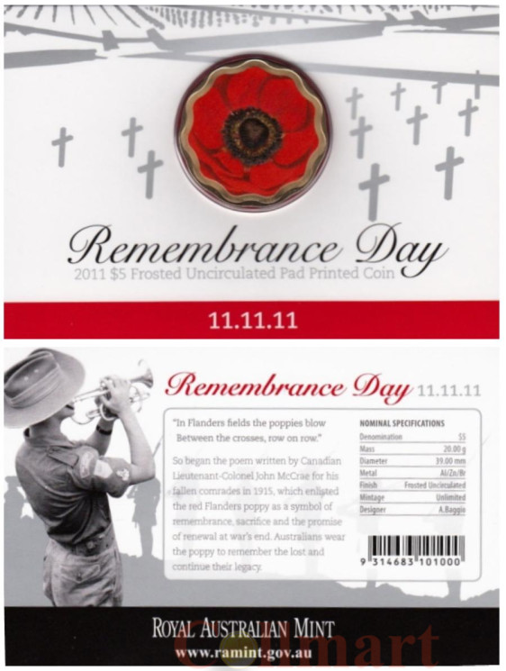  Австралия. 5 долларов 2011 год. День памяти жертв Первой мировой войны (11.11.11). 