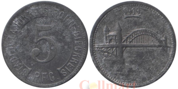  Германия. Бонн. 5 пфеннигов 1919 год. Мост. Нотгельд. 