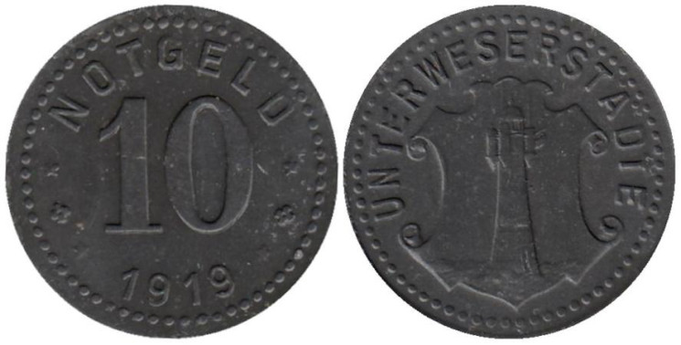  Германия. Унтервезер. 10 пфеннигов 1919 год. Маяк. Нотгельд. 