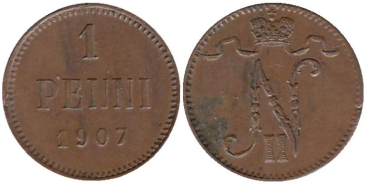  Финляндия. 1 пенни 1907 год. Николай II. 
