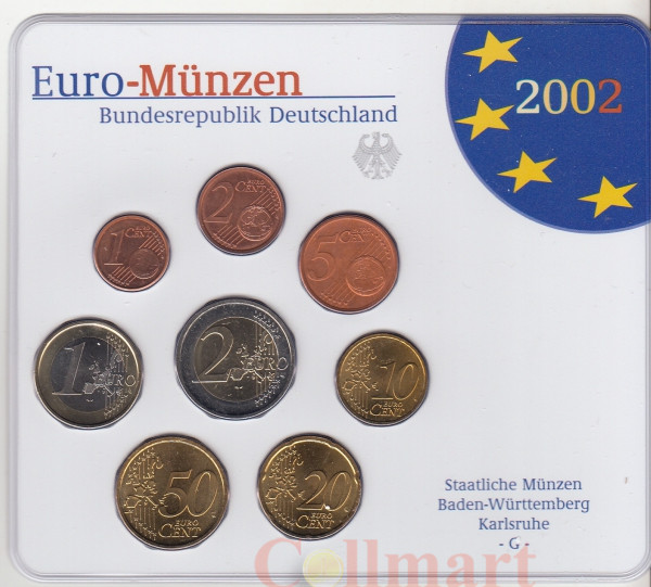  Германия. Годовой набор евро монет 2002 года в банковской запайке. (G) 