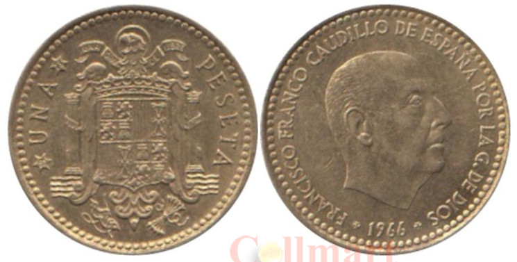  Испания. 1 песета 1966 год. Франсиско Франко. (73 внутри звезды) 