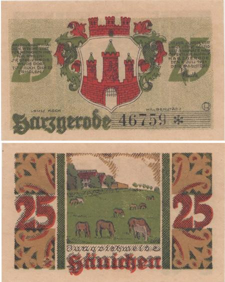  Бона. Германия. Харцгероде 25 пфеннигов 1921 год. Лошади. Нотгельд зеленый. (XF) 