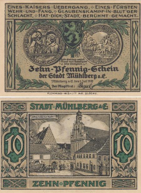  Бона. Германия. Мюльберг (Эльба) 10 пфеннигов 1921 год. Нотгельд. (XF) 