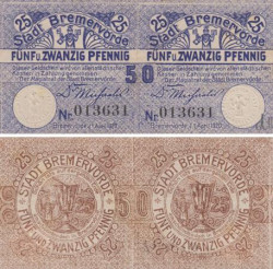 Бона. Германия. Бремерфёрде 50 (25 + 25) пфеннигов 1920 год. Нотгельд. (VF)