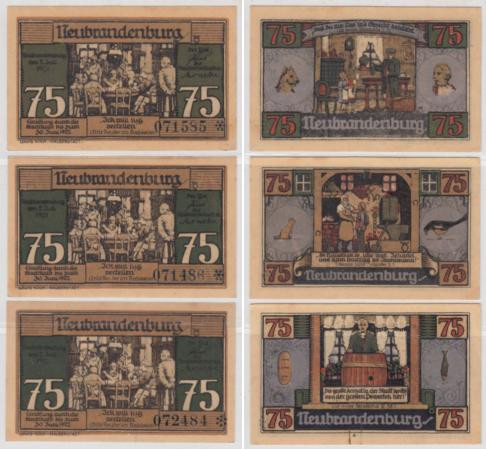  Набор банкнот. Германия. Нойбранденбург 75 пфеннигов 1921 год. Нотгельды, 3 штуки. (VF) 