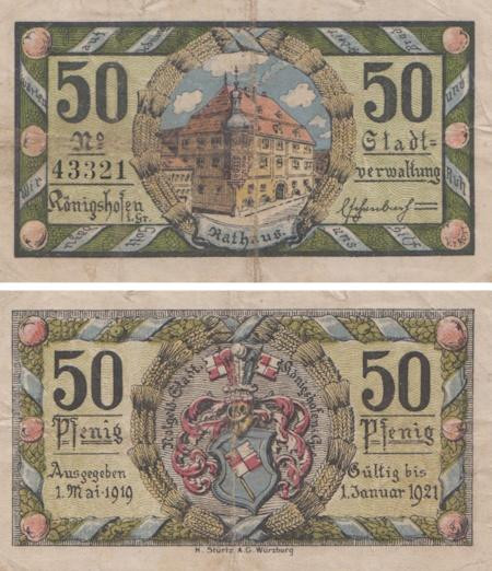  Бона. Германия. Бад-Кёнигсхофен-им-Грабфельд 50 пфеннигов 1919 год. Нотгельд. (F) 