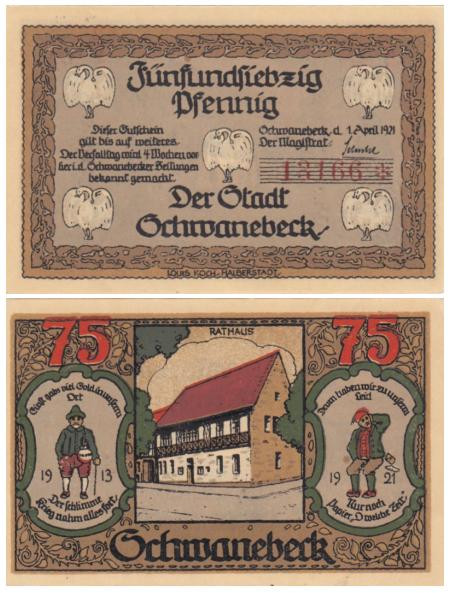  Бона. Германия. Шванебек 75 пфеннигов 1921 год. Нотгельд. (XF) 