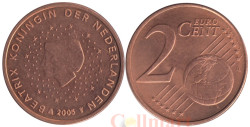 Нидерланды. 2 евроцента 2005 год. Портрет королевы Беатрикс в профиль.
