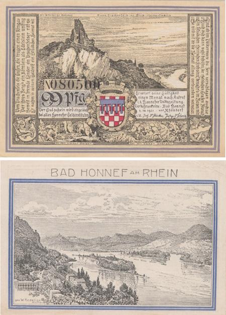  Бона. Германия. Бад-Хоннеф 99 пфеннигов 1921 год. Река Рейн. Нотгельд. (XF) 