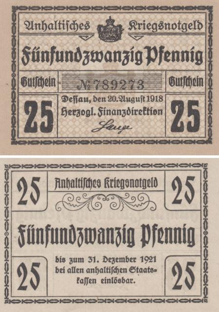  Бона. Германия. Дессау 25 пфеннигов 1918 год. Нотгельд. (XF) 