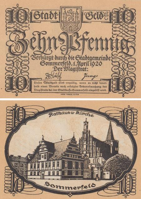  Бона. Германия. Зоммерфельд 10 пфеннигов 1920 год. Нотгельд. (XF) 