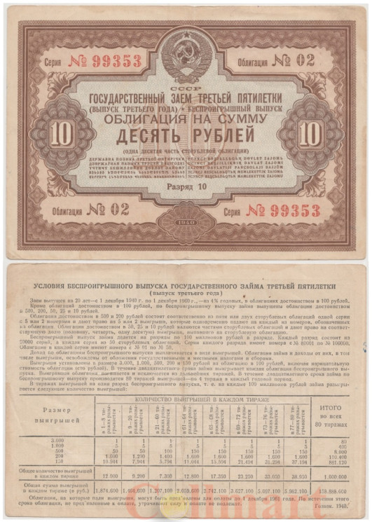  Облигация. СССР 10 рублей 1940 год. Государственный заем третьей пятилетки. (VF) 