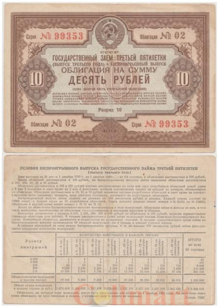  Облигация. СССР 10 рублей 1940 год. Государственный заем третьей пятилетки. (VF) 
