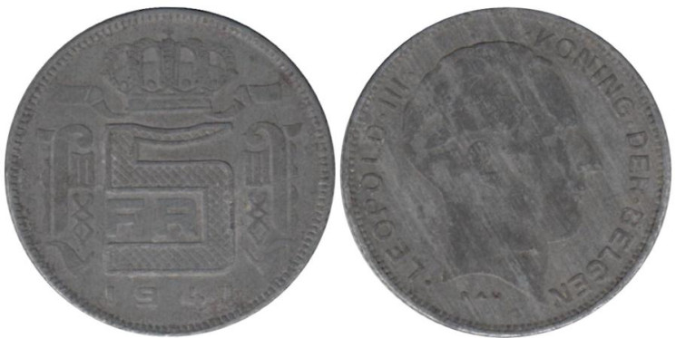  Бельгия. 5 франков 1941 год. Надпись на голландском - DER BELGEN. 