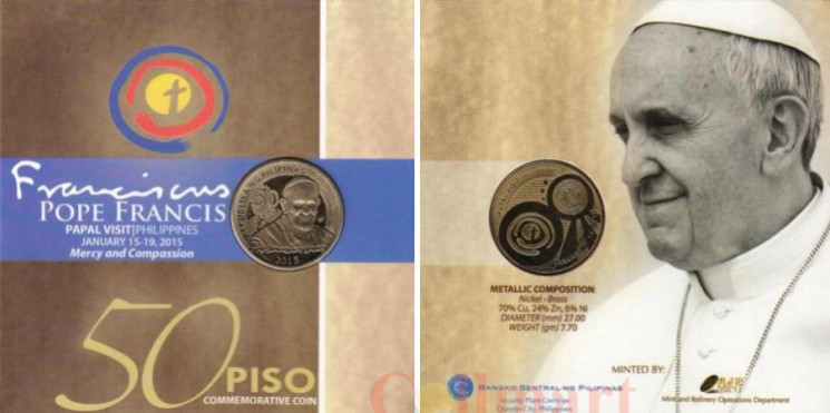  Филиппины. 50 песо 2015 год. Визит папы. (в буклете) 