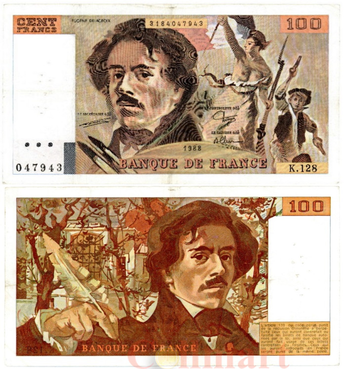  Бона. Франция 100 франков 1988 год. Эжен Делакруа. (VF) 