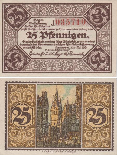  Бона. Германия. Ганновер 25 пфеннигов 1921 год. Нотгельд. (XF) 