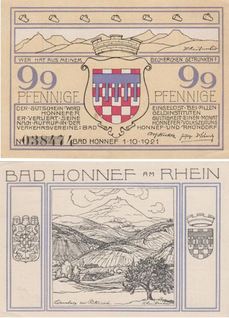  Бона. Германия. Бад-Хоннеф 99 пфеннигов 1921 год. Холмы. Нотгельд. (XF) 