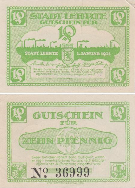  Бона. Германия. Лерте 10 пфеннигов 1921 год. Нотгельд. (XF-VF) 