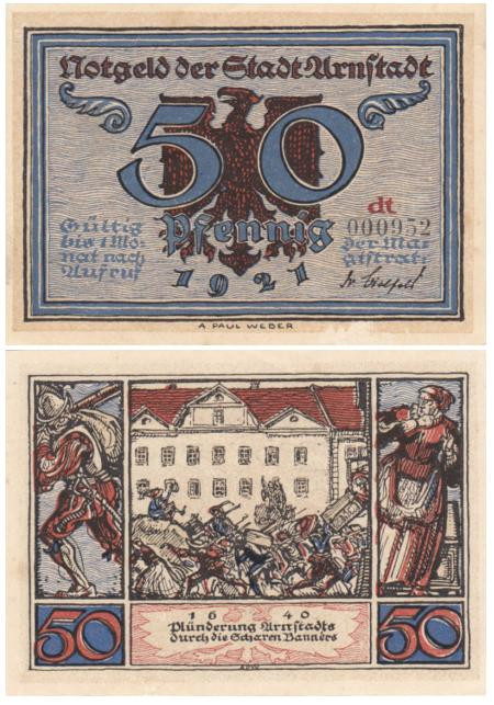  Бона. Германия. Арнштадт 50 пфеннигов 1921 год. Историческая серия (литеры dt). Нотгельд. (VF) 