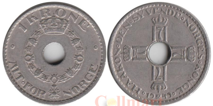  Норвегия. 1 крона 1949 год. 