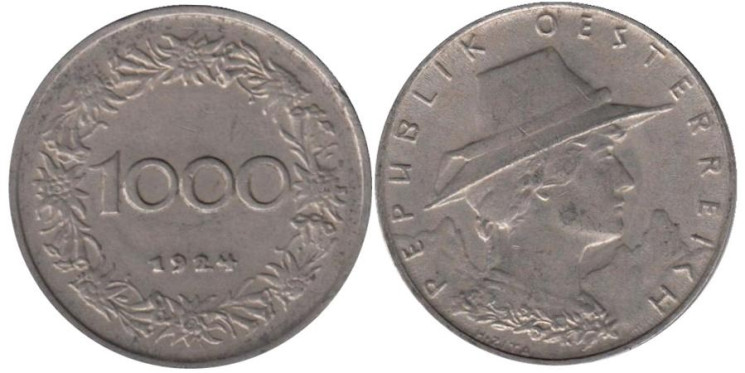  Австрия. 1000 крон 1924 год. Женщина из Тироля. 
