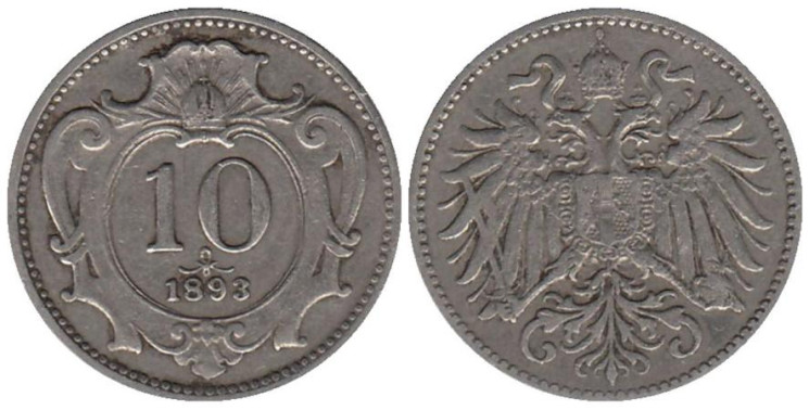  Австрия. 10 геллеров 1893 год. 