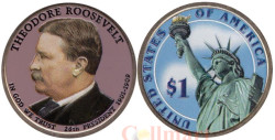 США. 1 доллар 2013 год. 26-й президент Теодор Рузвельт (1901–1909). цветное покрытие.