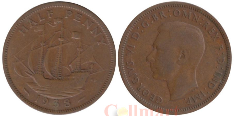  Великобритания. 1/2 пенни 1938 год. Галеон "Золотая лань". 
