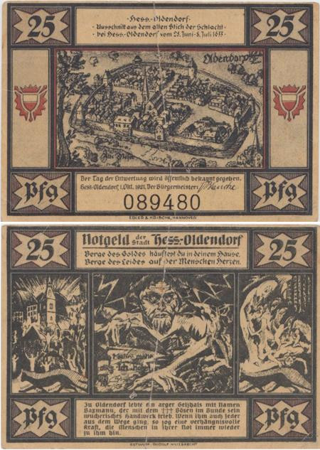  Бона. Германия. Хессиш-Ольдендорф 25 пфеннигов 1921 год. Нотгельд. (F) 