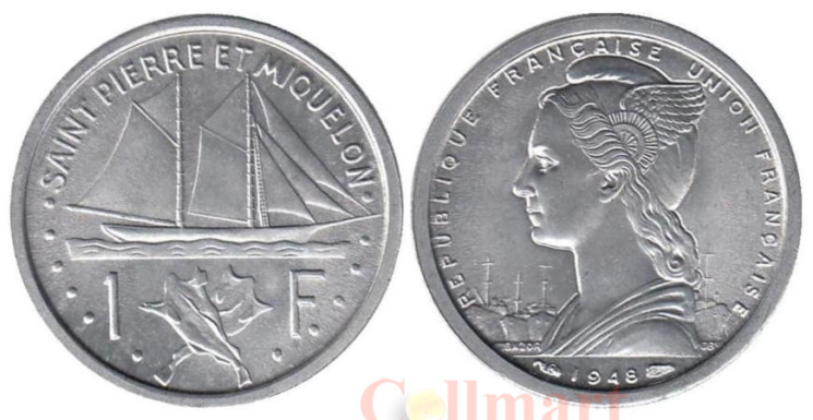  Сен-Пьер и Микелон. 1 франк 1948 год. Парусник. 