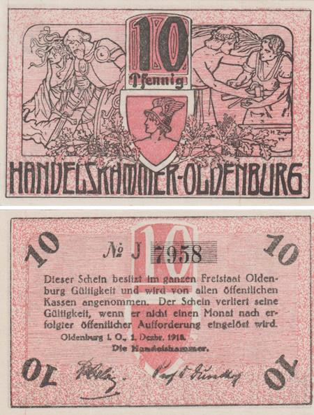  Бона. Германия. Ольденбург 10 пфеннигов 1918 год. Нотгельд. (XF) 