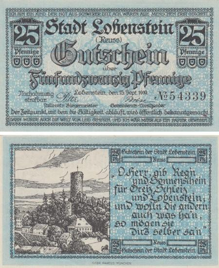  Бона. Германия. Бад-Лобенштайн 25 пфеннигов 1919 год. Нотгельд. (XF) 