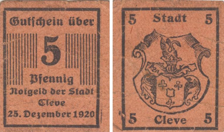  Бона. Германия. Клеве 5 пфеннигов 1920 год. Нотгельд. (F) 